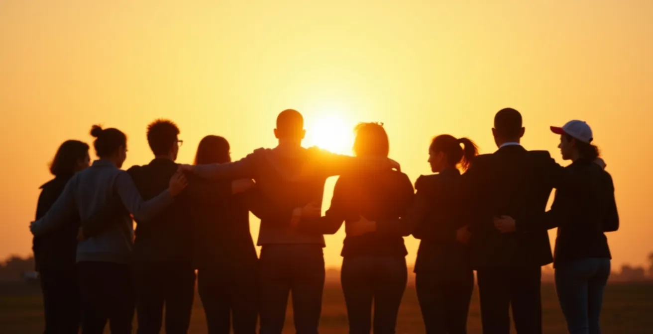 Cercle de personnes se tenant par les épaules vues de dos, baignées dans une lumière chaleureuse