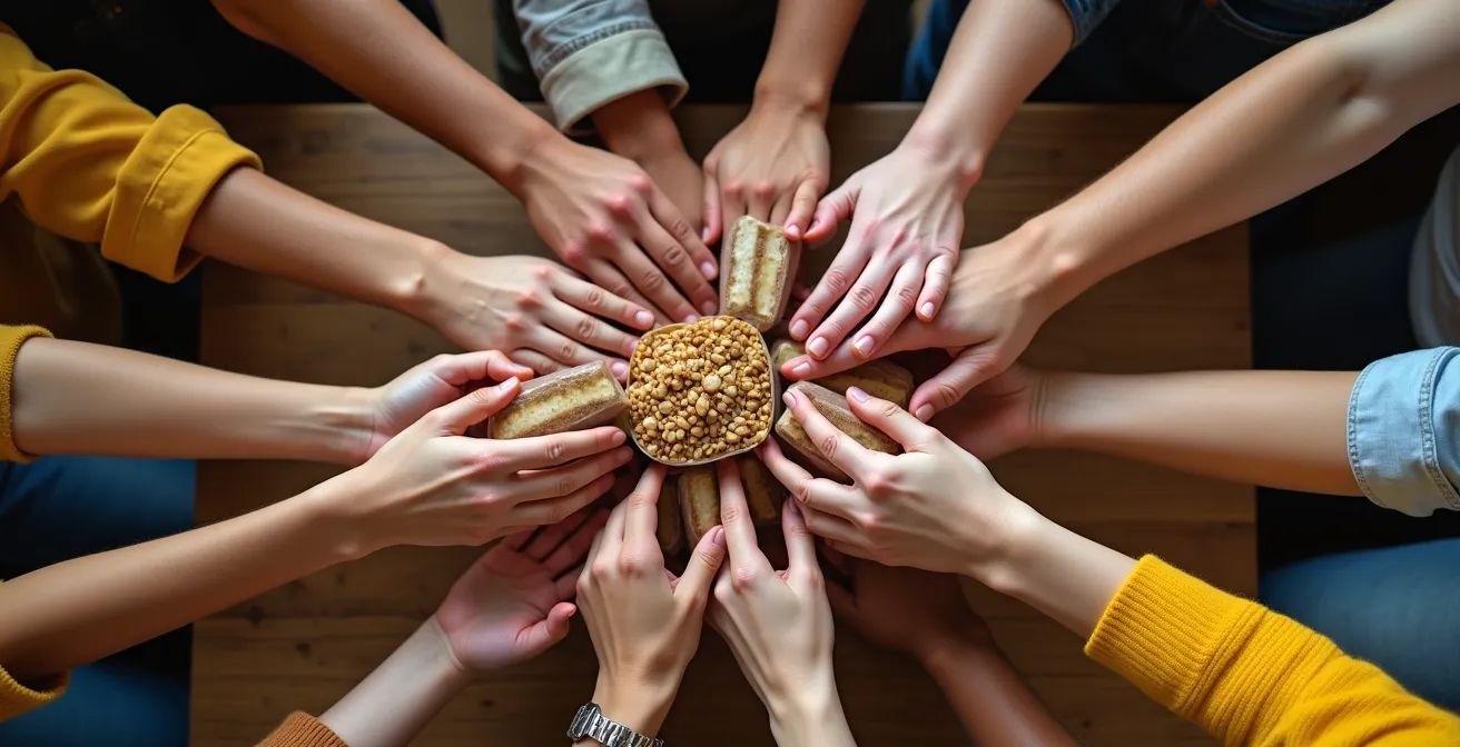 Vue de dessus de mains multiples se tendant vers un point central symbolisant le partage communautaire