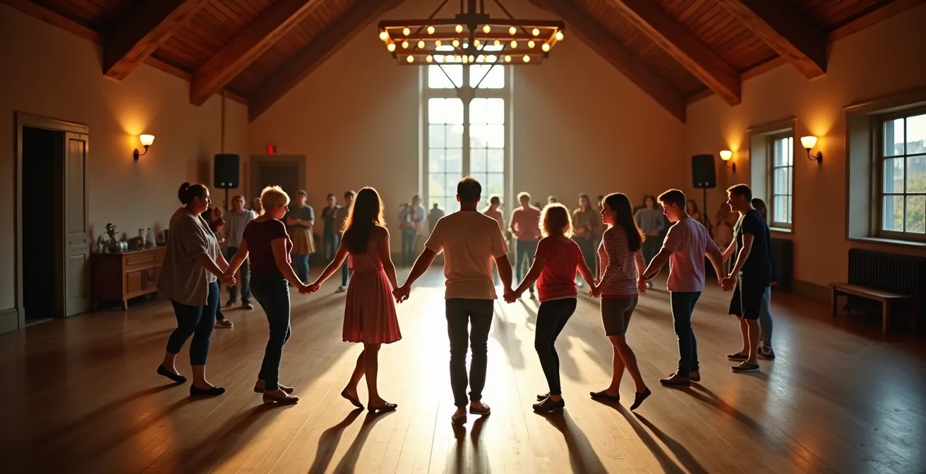 Résidents seniors et jeunes dansant ensemble lors d'un fest-noz