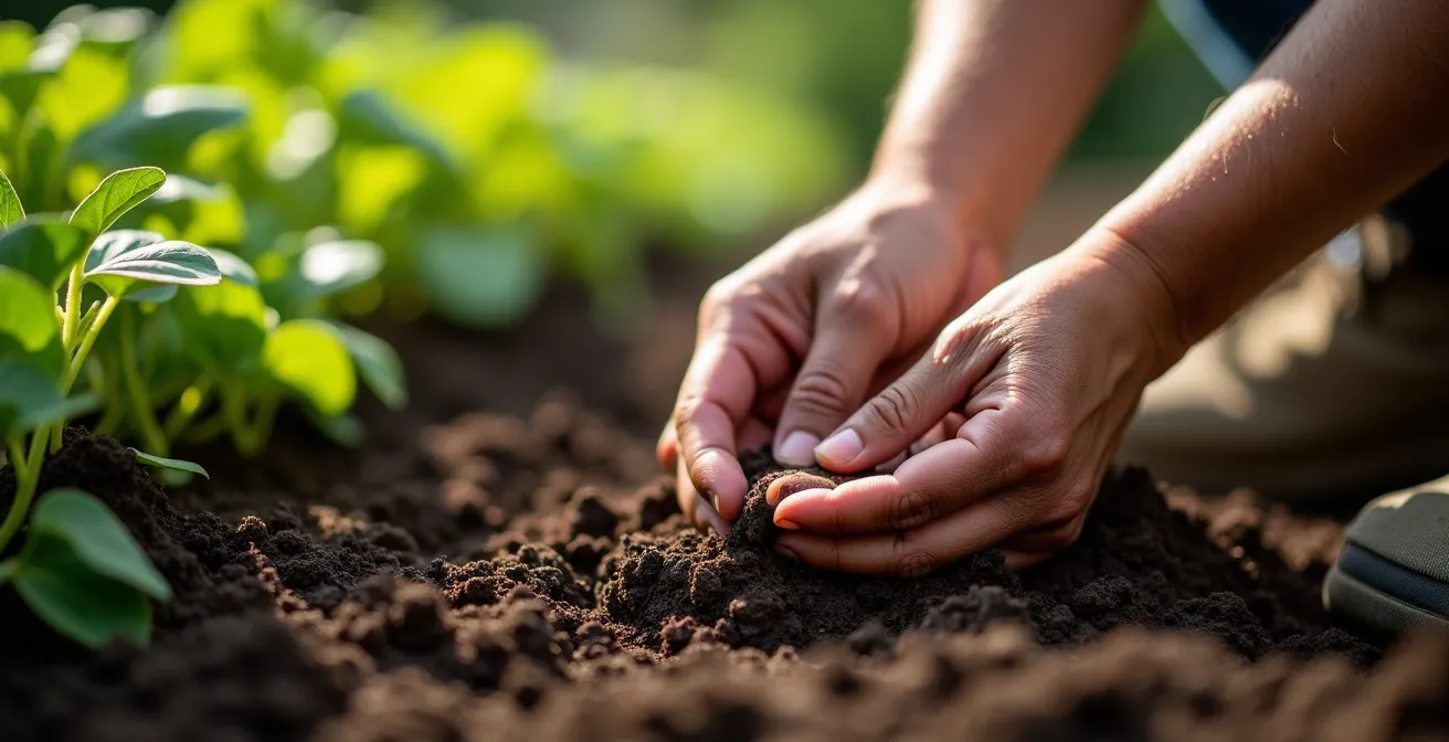 Vue aérienne d'un jardin partagé avec seniors et enfants travaillant ensemble