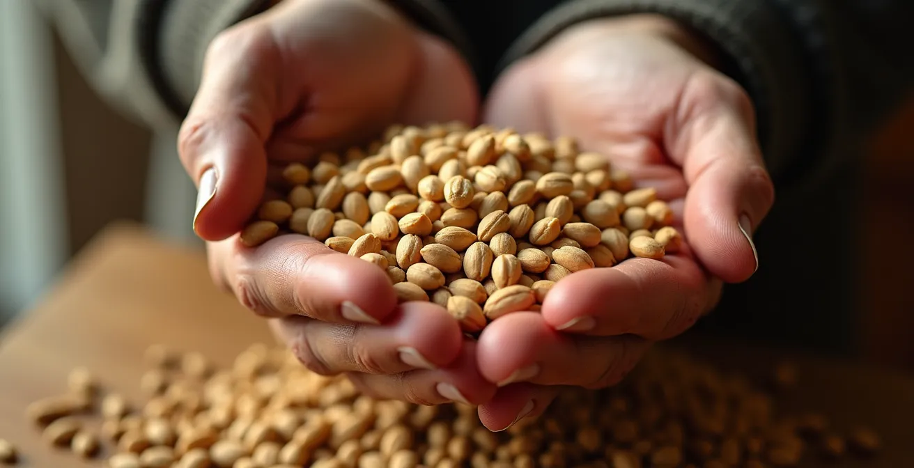 Gros plan sur les mains ridées d'une personne âgée tenant délicatement des grains de blé