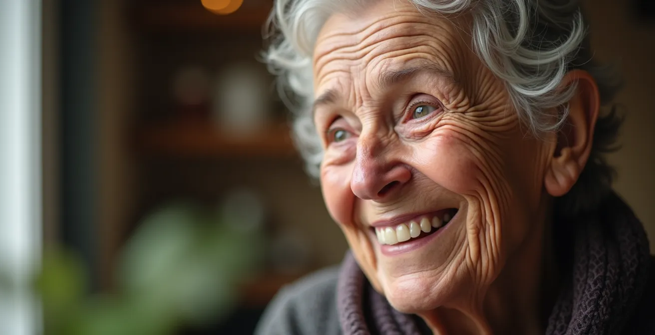 Portrait rapproché d'une personne âgée souriante aux yeux brillants