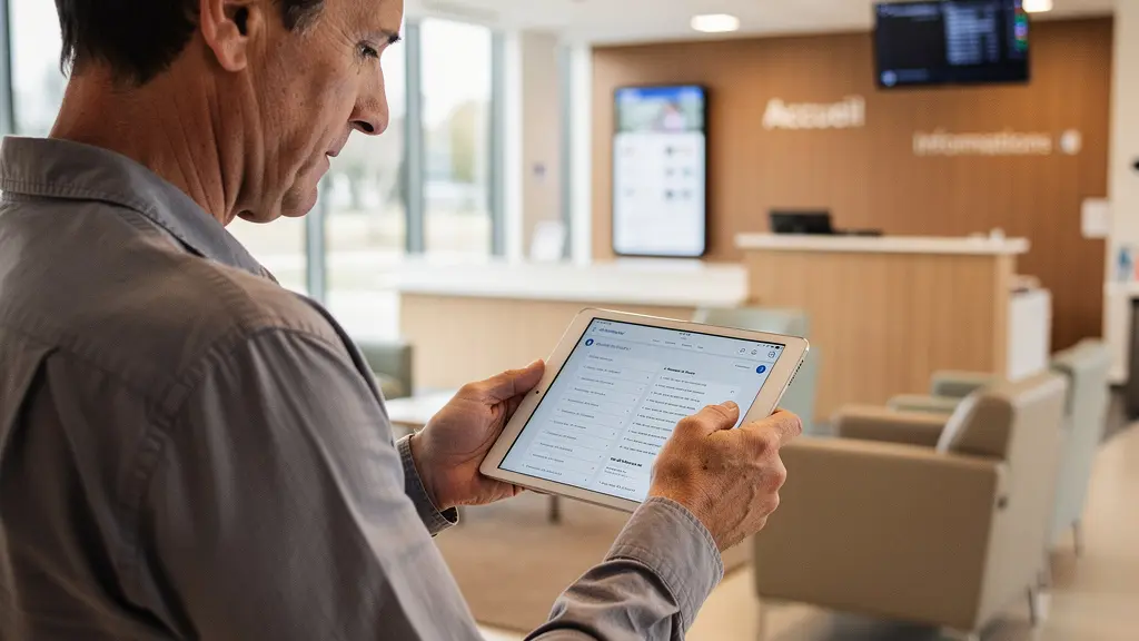 Personne consultant une tablette dans un espace d'accueil hospitalier moderne pour effectuer un don