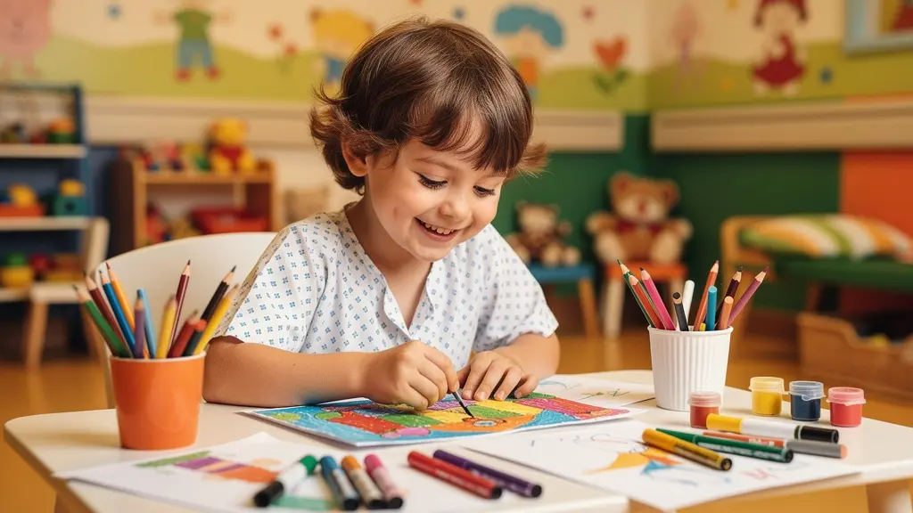 Enfant souriant en pyjama hospitalier participant à une séance d'art-thérapie en service pédiatrique