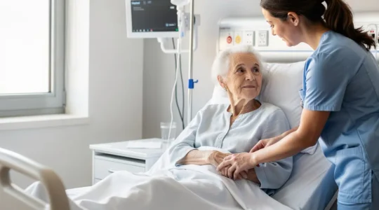 Soignante échangeant avec un patient âgé dans une chambre hospitalière moderne et lumineuse