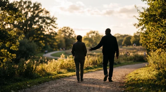 Deux silhouettes marchant côte à côte sur un chemin, l'une tendant la main sans porter l'autre, symbolisant l'accompagnement solidaire respectueux de l'autonomie