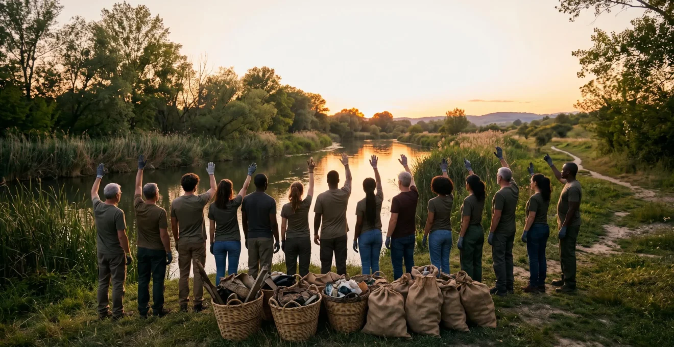 Groupe de bénévoles rassemblés en cercle au bord d'une rivière, admirant ensemble le résultat immédiat d'une opération de nettoyage de la nature