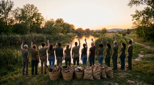 Groupe de bénévoles rassemblés en cercle au bord d'une rivière, admirant ensemble le résultat immédiat d'une opération de nettoyage de la nature