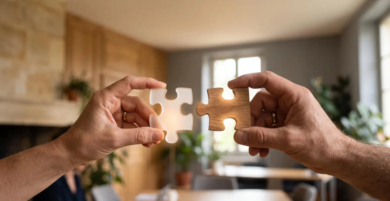Deux mains tenant chacune une pièce de puzzle lumineuse s'apprêtant à s'assembler, symbolisant l'alignement entre un projet solidaire et la stratégie d'un organisme financeur