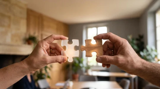Deux mains tenant chacune une pièce de puzzle lumineuse s'apprêtant à s'assembler, symbolisant l'alignement entre un projet solidaire et la stratégie d'un organisme financeur