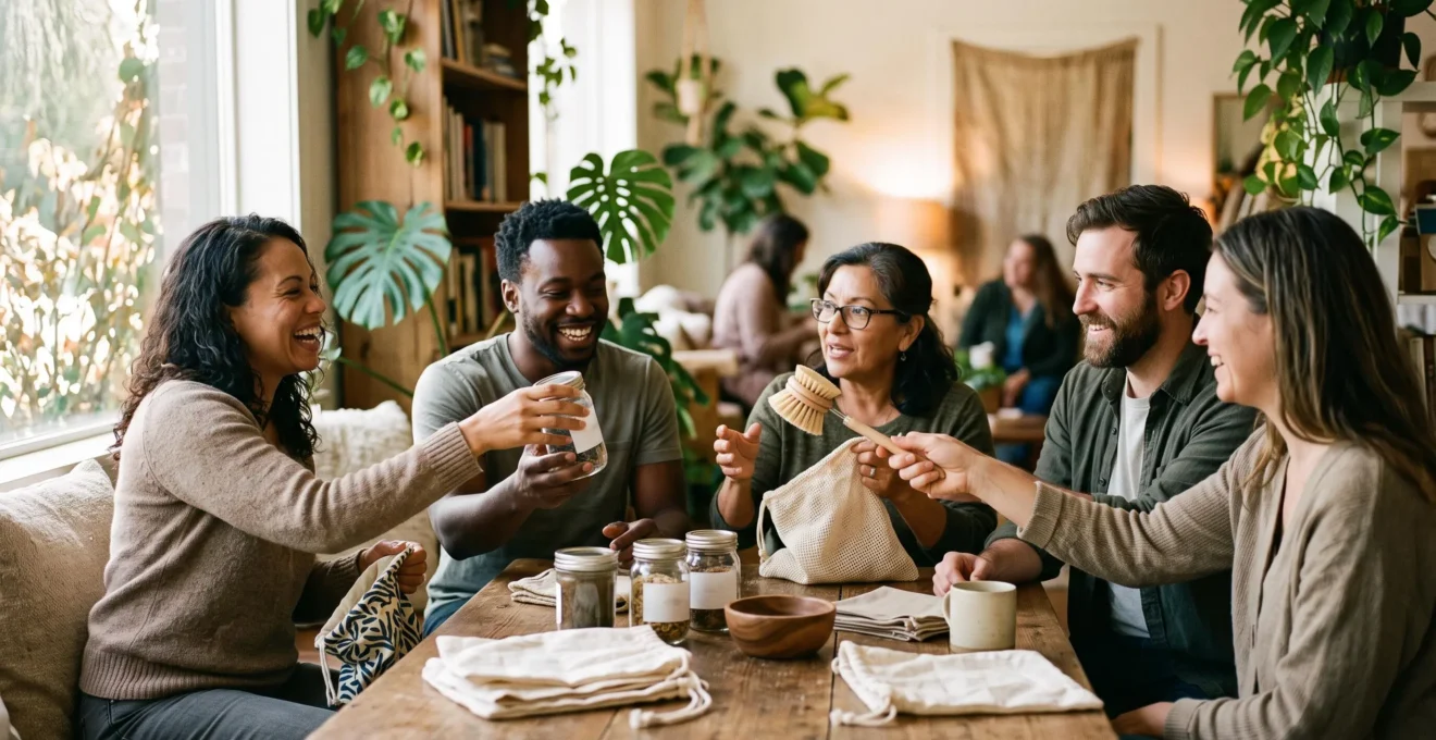 Groupe de participants partageant des objets réutilisables lors d'un atelier zéro déchet convivial