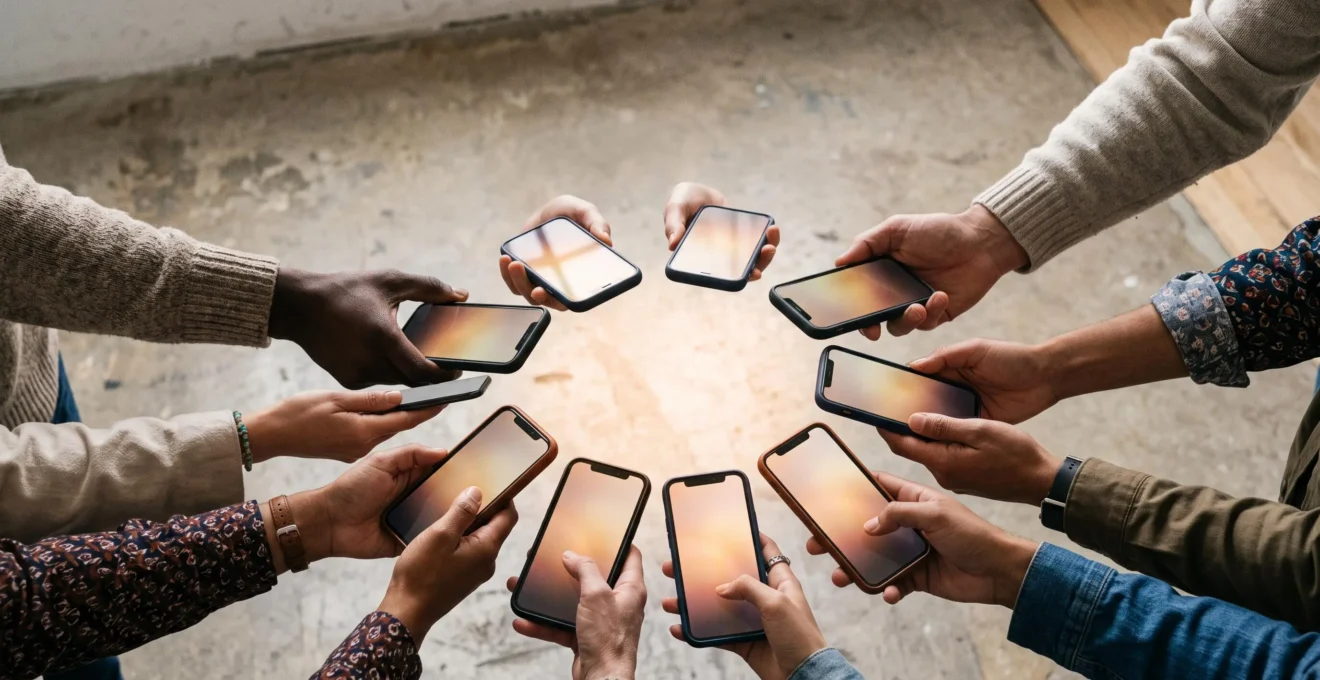 Mains diverses tenant des smartphones qui diffusent en cercle un message de solidarite, symbolisant une campagne virale a petit budget
