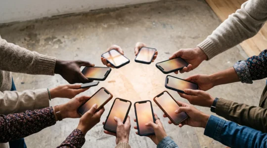 Mains diverses tenant des smartphones qui diffusent en cercle un message de solidarite, symbolisant une campagne virale a petit budget