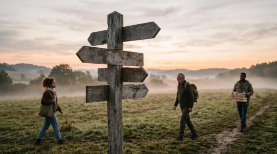 Panneau de signalisation symbolique à un carrefour représentant les différents choix de statuts juridiques pour une association solidaire