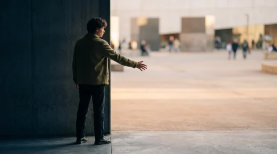 Une main tendue franchissant une ligne de lumière symbolisant le passage de la passivité à l'engagement solidaire