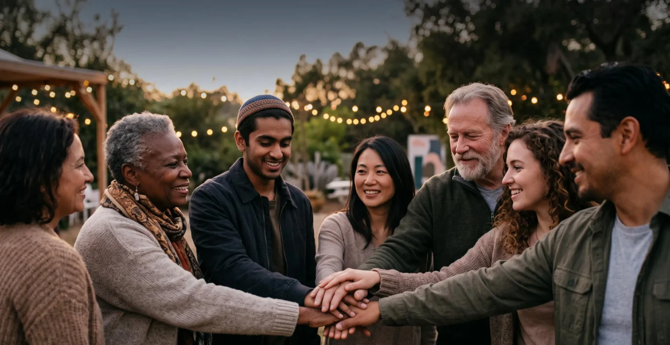 Groupe divers de participants unissant leurs mains lors d'un événement solidaire en plein air, symbolisant la naissance d'une communauté engagée