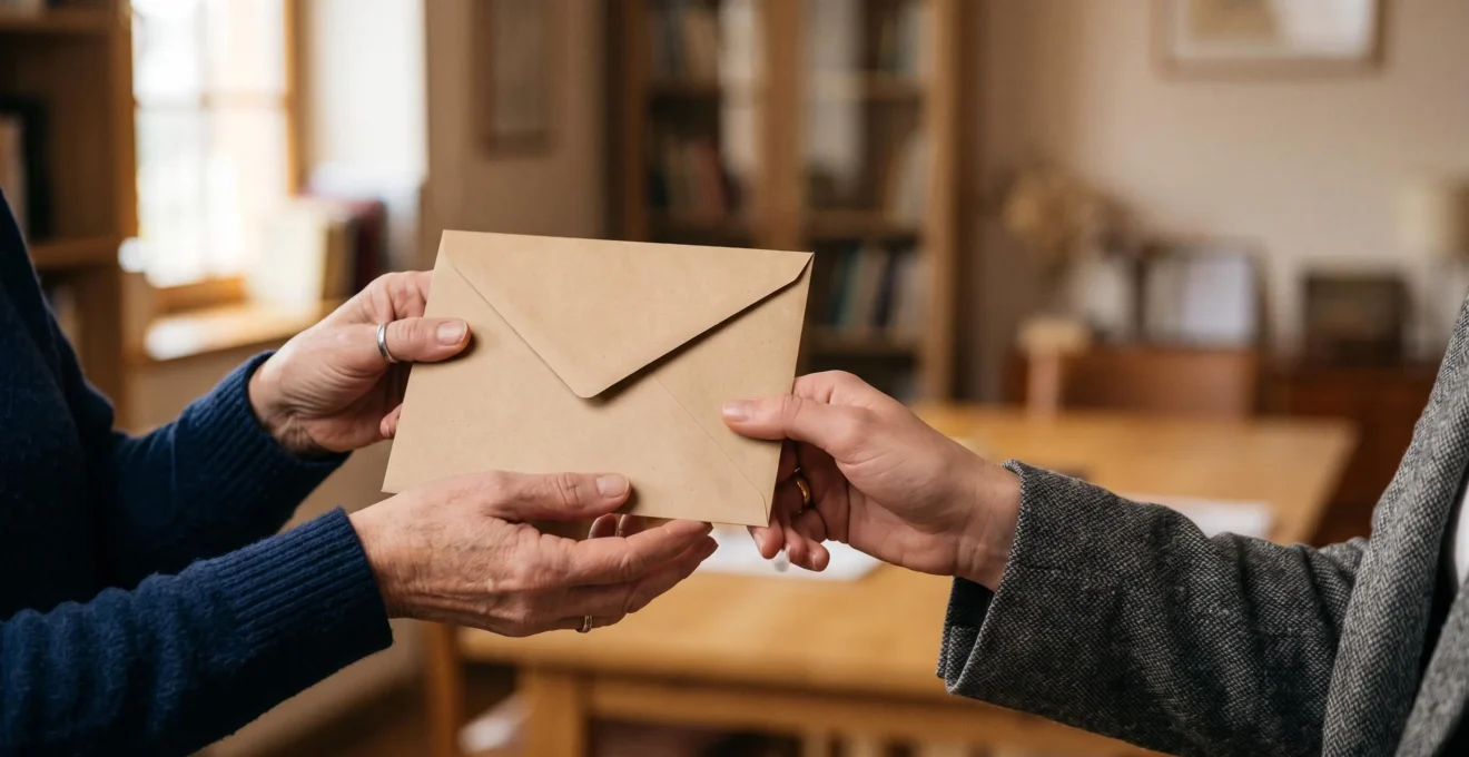 Mains protégeant délicatement une enveloppe scellée symbolisant la confiance entre un donateur et une association