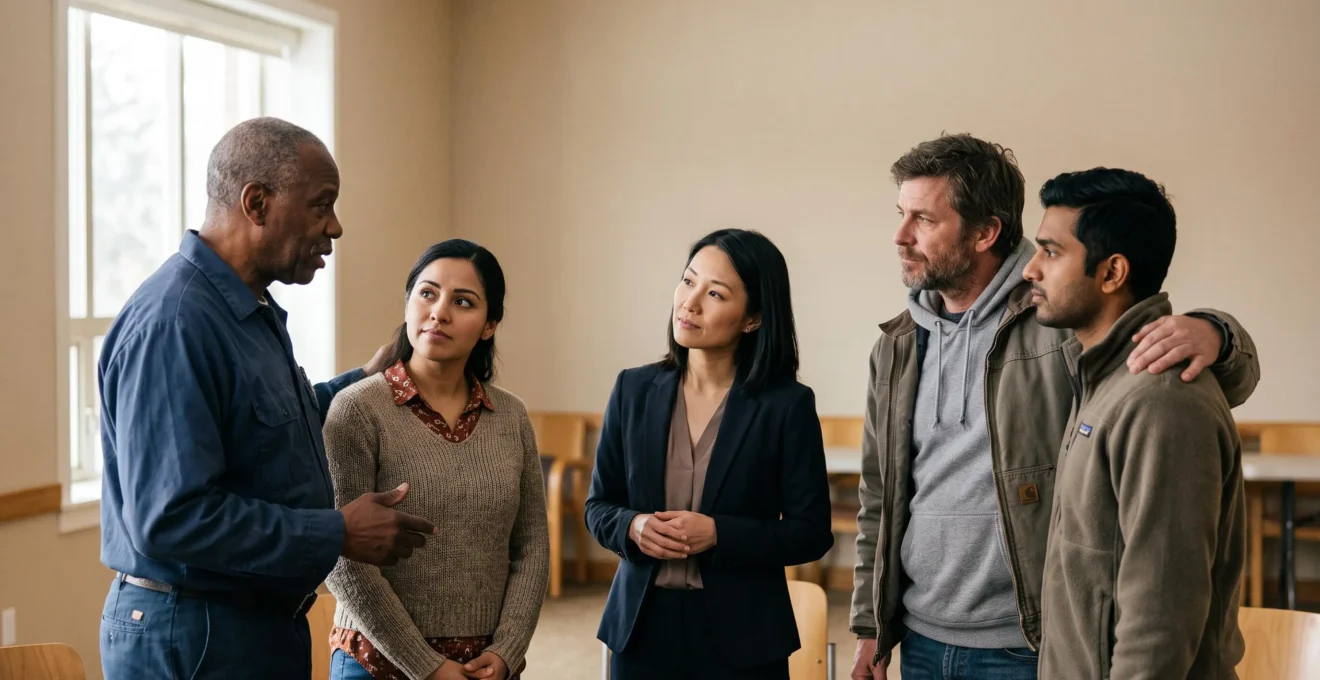 Un groupe de personnes de profils sociaux differents reunies dans un espace commun, symbolisant la confrontation aux inegalites sociales lors d'un evenement de sensibilisation
