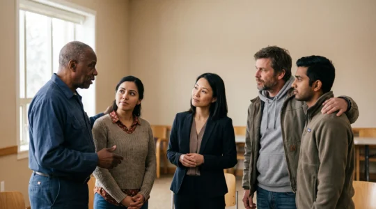 Un groupe de personnes de profils sociaux differents reunies dans un espace commun, symbolisant la confrontation aux inegalites sociales lors d'un evenement de sensibilisation