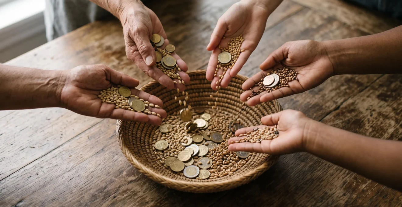Plusieurs mains de tailles et d'origines différentes qui unissent des pièces et des graines de lumière dans un même panier, symbolisant la convergence de plusieurs sources de financement vers un budget associatif équilibré