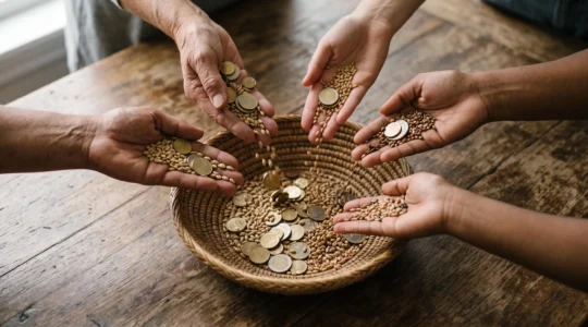 Plusieurs mains de tailles et d'origines différentes qui unissent des pièces et des graines de lumière dans un même panier, symbolisant la convergence de plusieurs sources de financement vers un budget associatif équilibré