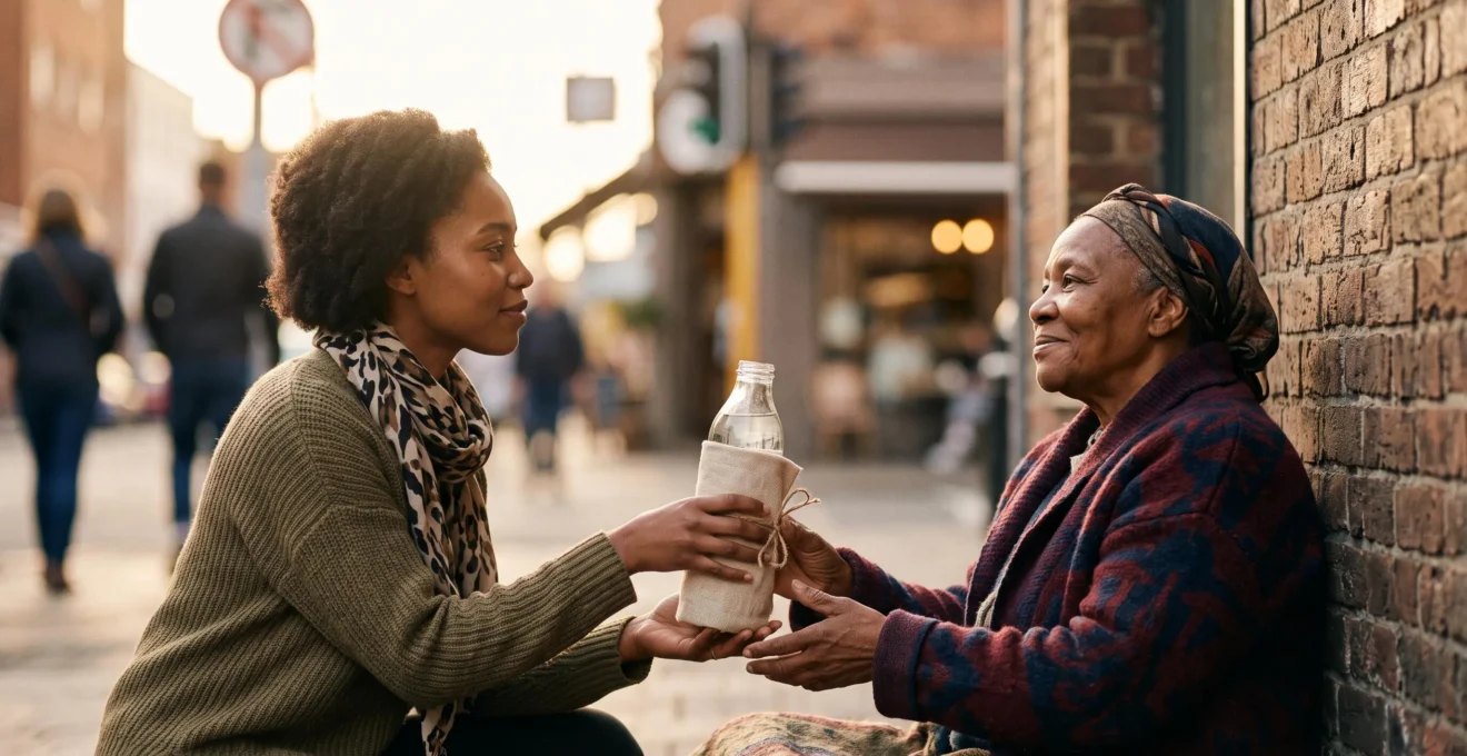 Deux mains qui se tendent l'une vers l'autre dans une rue urbaine, symbolisant le passage de l'empathie à l'action solidaire concrète