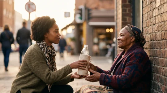 Deux mains qui se tendent l'une vers l'autre dans une rue urbaine, symbolisant le passage de l'empathie à l'action solidaire concrète