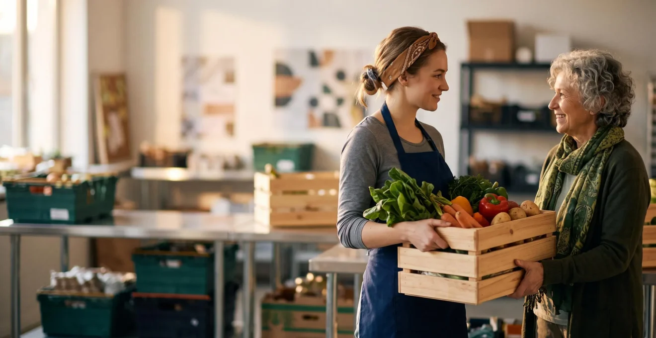 Bénévole tendant avec respect un cageot de légumes frais à une personne, dans un local de distribution alimentaire propre et lumineux