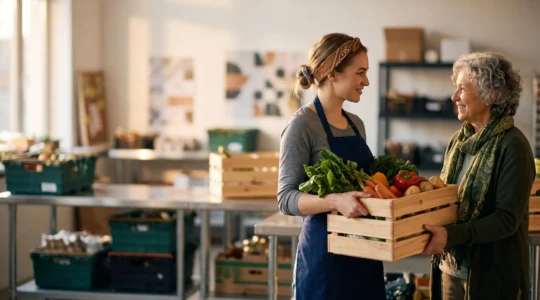 Bénévole tendant avec respect un cageot de légumes frais à une personne, dans un local de distribution alimentaire propre et lumineux