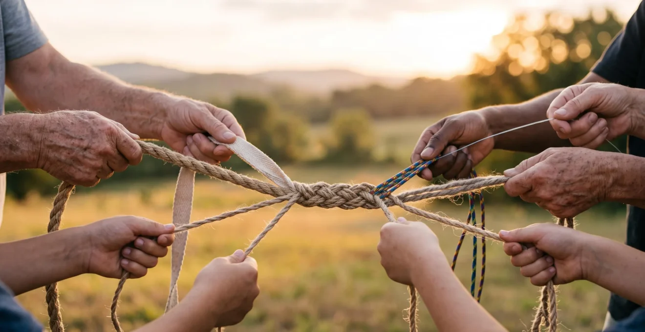 Mains de personnes différentes tressant ensemble plusieurs fils colorés en une seule corde solide, symbole de la diversification des ressources solidaires