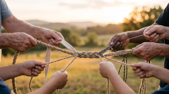 Mains de personnes différentes tressant ensemble plusieurs fils colorés en une seule corde solide, symbole de la diversification des ressources solidaires