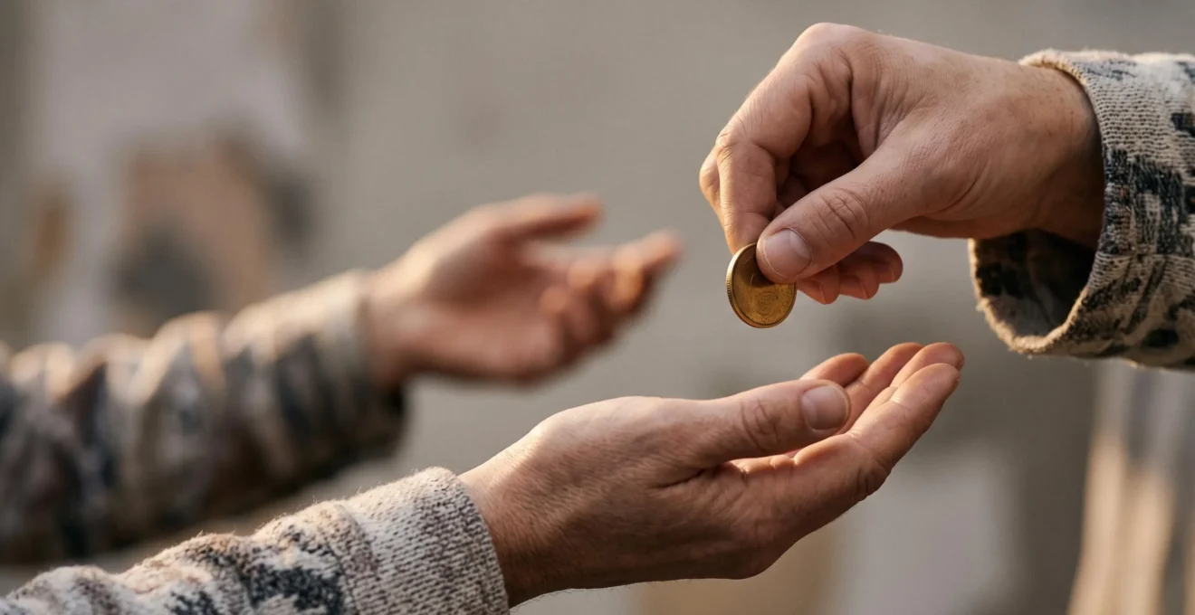 Une main qui dépose délicatement une pièce de monnaie dorée dans une autre main ouverte, symbolisant la générosité démultipliée par la défiscalisation