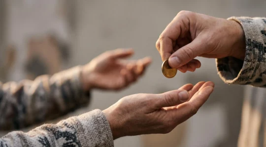 Une main qui dépose délicatement une pièce de monnaie dorée dans une autre main ouverte, symbolisant la générosité démultipliée par la défiscalisation