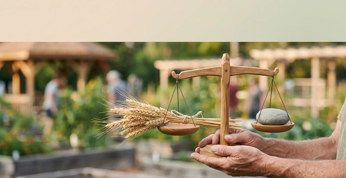 Photographie symbolique illustrant l'équilibre entre l'engagement solidaire d'une association et sa solidité financière, représenté par des mains tenant une balance artisanale en bois