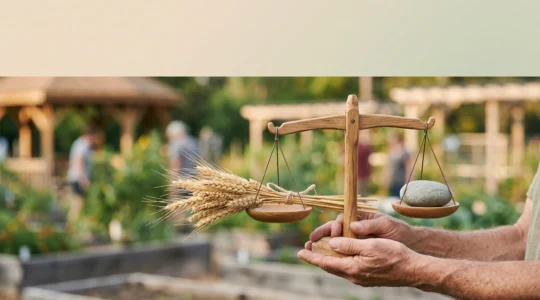 Photographie symbolique illustrant l'équilibre entre l'engagement solidaire d'une association et sa solidité financière, représenté par des mains tenant une balance artisanale en bois