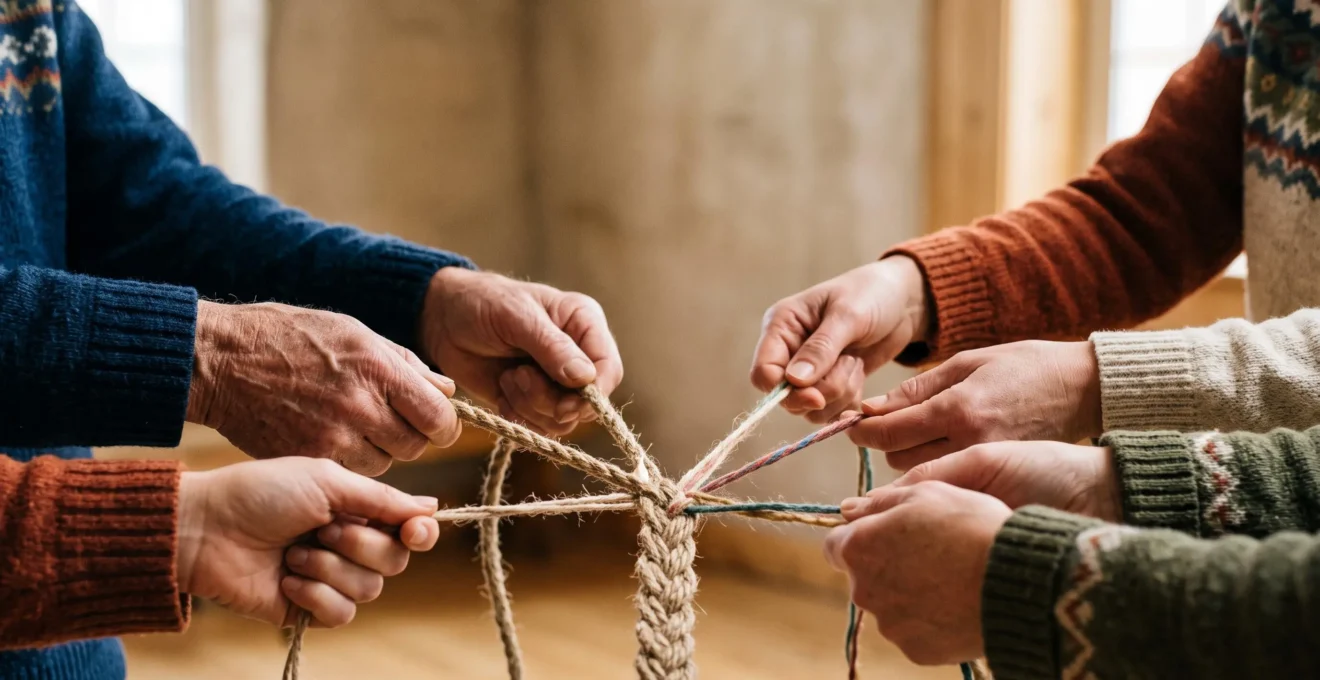 Plusieurs mains aux textures et couleurs différentes tissant ensemble un même fil, symbolisant l'union de plusieurs associations sans perte d'identité