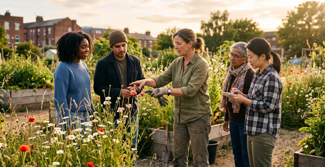 Groupe de benevoles de tous ages apprenant les gestes de la gestion ecologique dans un espace vert de quartier