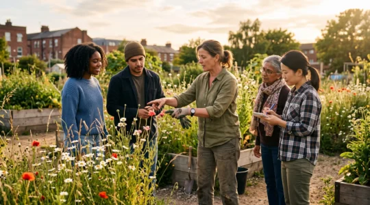 Groupe de benevoles de tous ages apprenant les gestes de la gestion ecologique dans un espace vert de quartier