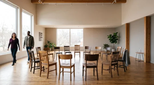 Cercle de chaises vide dans une salle lumineuse symbolisant une gouvernance associative claire et organisée