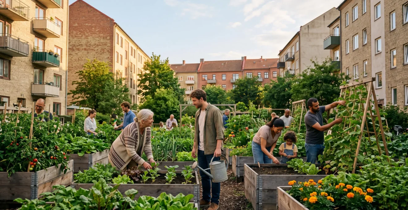 Un jardin partagé animé au coeur d'un quartier, avec des habitants de tous âges cultivant ensemble la terre