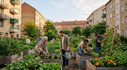 Un jardin partagé animé au coeur d'un quartier, avec des habitants de tous âges cultivant ensemble la terre