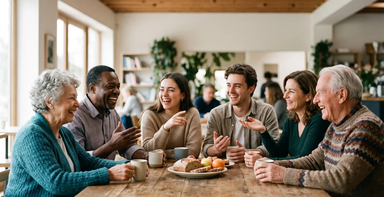 Groupe de bénévoles de générations différentes partageant un moment convivial et chaleureux autour d'une table