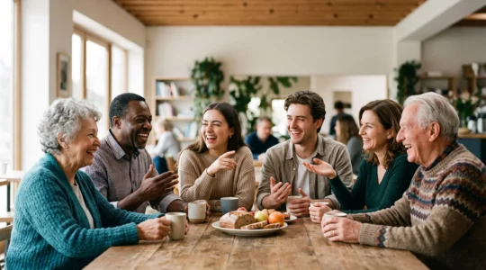 Groupe de bénévoles de générations différentes partageant un moment convivial et chaleureux autour d'une table