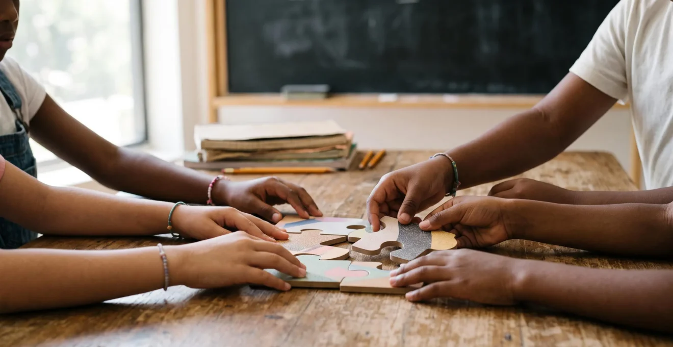 Mains d'enfants assemblant des pièces de puzzle en classe, symbole d'un projet solidaire co-construit avec l'école