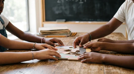 Mains d'enfants assemblant des pièces de puzzle en classe, symbole d'un projet solidaire co-construit avec l'école