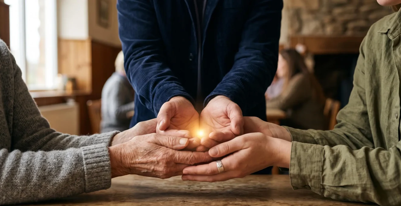 Mains de générations différentes jointes autour d'une graine de lumière, symbole de la confiance et de la transparence dans le don