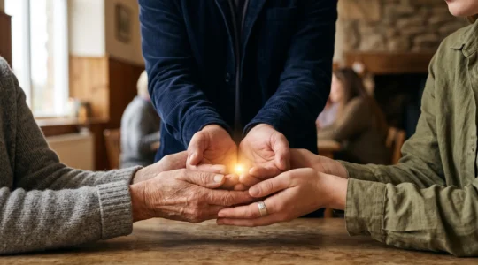 Mains de générations différentes jointes autour d'une graine de lumière, symbole de la confiance et de la transparence dans le don