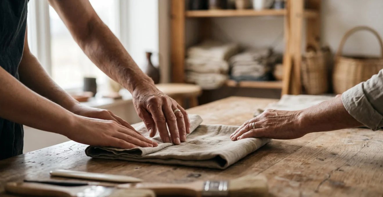Un formateur guide les mains d'un participant qui façonne un objet artisanal réutilisable, symbole de transmission et d'autonomie