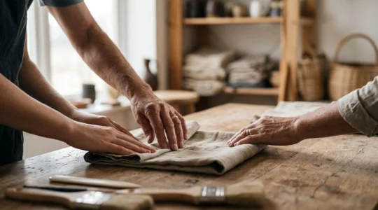 Un formateur guide les mains d'un participant qui façonne un objet artisanal réutilisable, symbole de transmission et d'autonomie