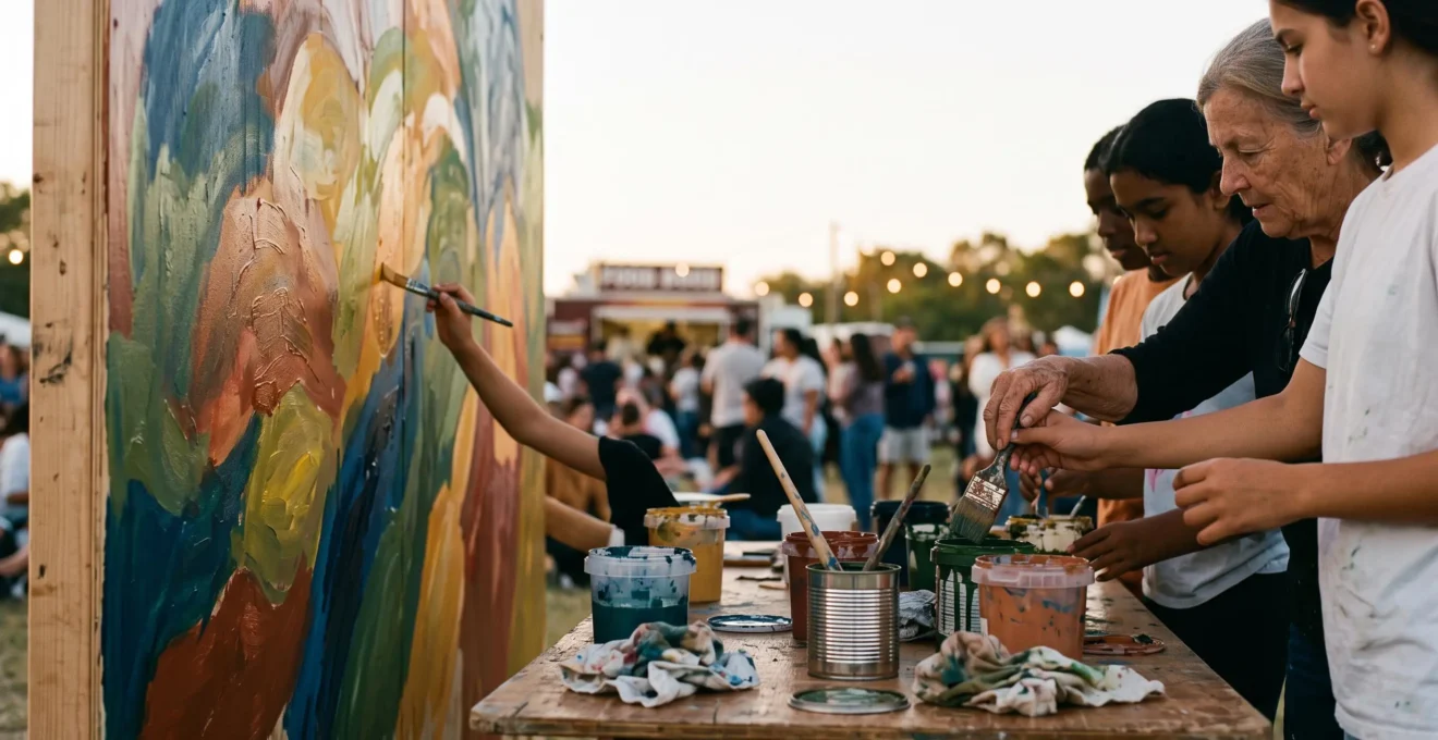 Un groupe de bénévoles et de participants de tous âges peignant ensemble une fresque murale collective lors d'un événement culturel solidaire, symbolisant le lien social créé par le partage et le don.